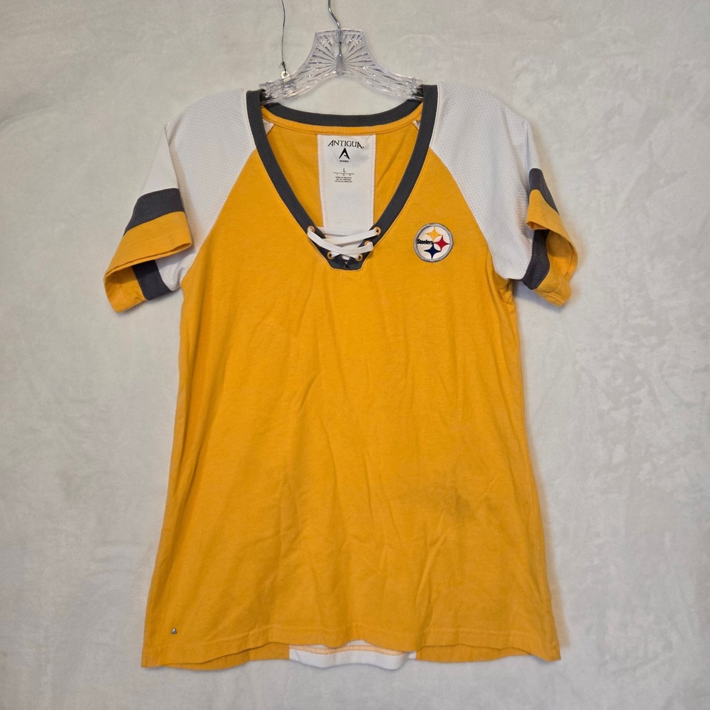Antigua Pittsburgh Steelers Womens V Neck Lace Up T Shirt Yellow Gray Size L